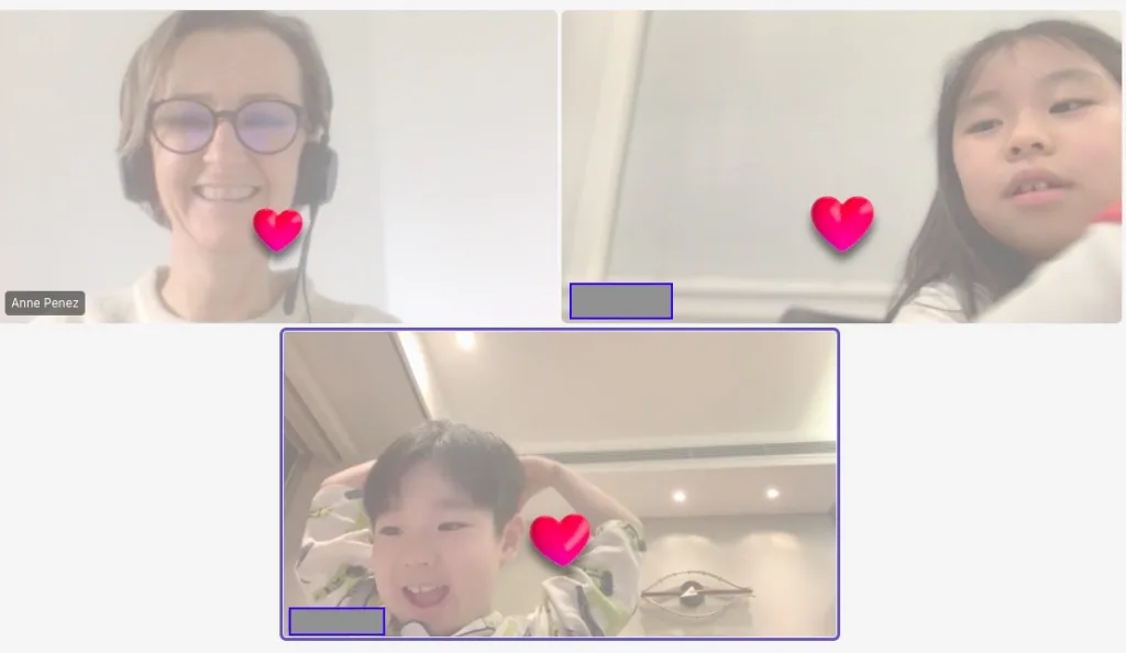 Children sending emojis at the end of an online French lesson ritual.