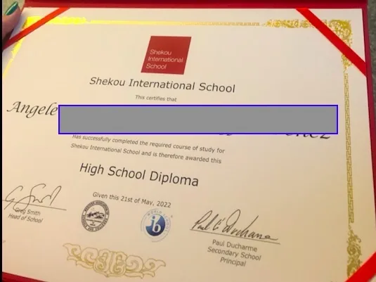High school diploma from Shekou International School, illustrating the success of a multilingual education journey.