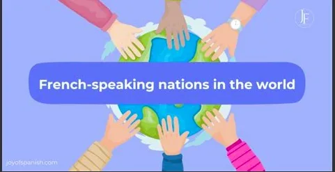 Illustration of a word map with six diverse hands, symbolizing French-speaking nations around the globe.